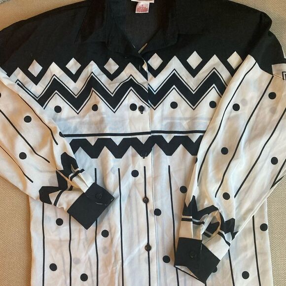 6P Rafaella Petites vintage black & white geometric long sleeve button up blouse - Picture 2 of 8